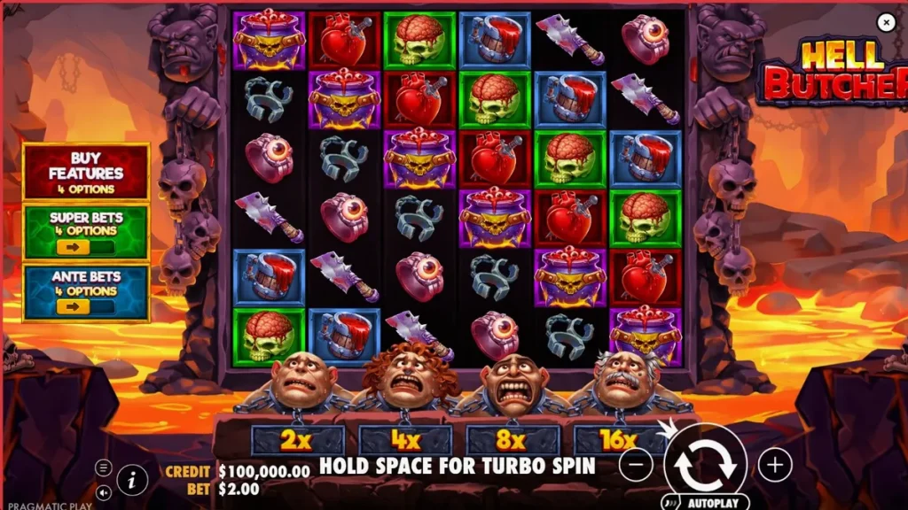 Uma imagem do slot Hell Butcher mostrando a grade de jogo com símbolos macabros e os multiplicadores de vítimas acorrentadas abaixo.