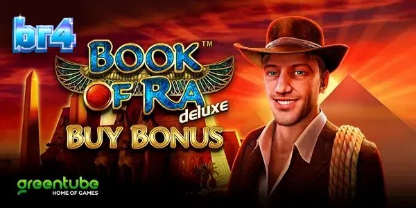 Interface clássica do jogo Book of Ra deluxe com elementos egípcios e símbolos de aventura.